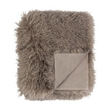 Rowan Faux Fur Plain Velvet Throw in mocha, folded to show long-pile shaggy fur front and smooth velvet reverse, both in matching brown tones on a white background.