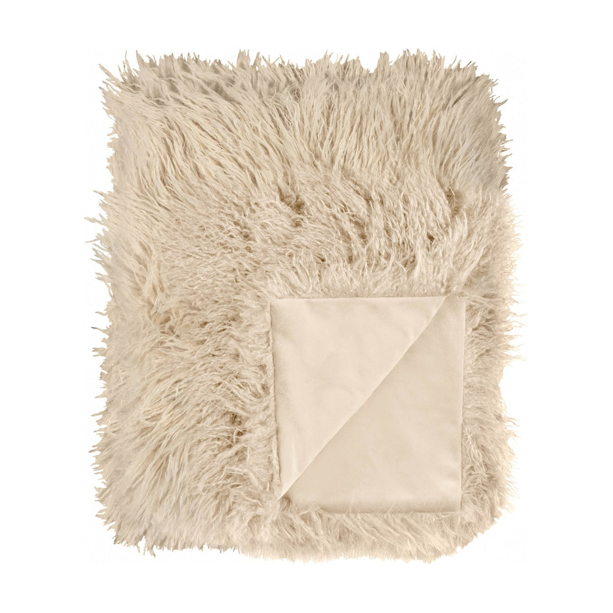 Rowan Faux Fur Plain Velvet Throw in natural beige, shaggy Mongolian-style fur front with folded corner revealing matching smooth velvet reverse, shown on a plain white background.