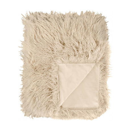 Rowan Faux Fur Plain Velvet Throw in natural beige, shaggy Mongolian-style fur front with folded corner revealing matching smooth velvet reverse, shown on a plain white background.