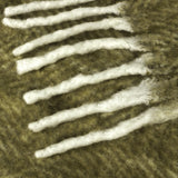 Close-up of the Rawton Ombre Herringbone Wool Throw in Natural/Moss, showing moss-green herringbone weave with cream fringe tassels at the edge.