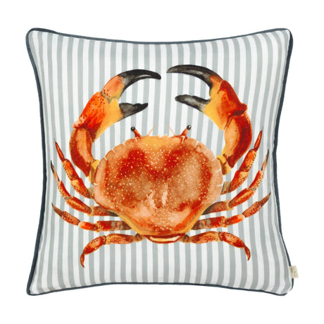 Salcombe Crab velvet cushion in blue, featuring a large orange and rust crab print on a grey-blue and white striped ground, shown square on a plain white background.