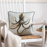 Salcombe Octopus velvet cushion with a hand-painted charcoal octopus and amber suckers on grey-blue striped fabric, shown on a white rocking chair.