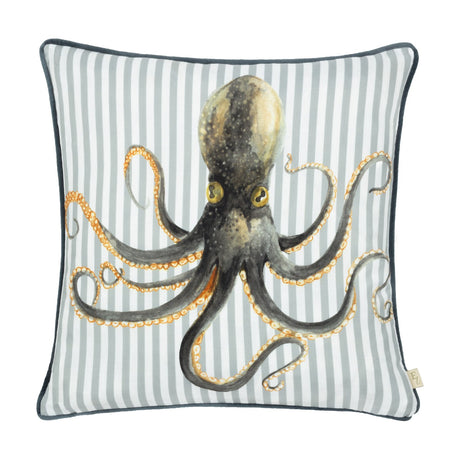 Salcombe Octopus square cushion with a hand-painted charcoal octopus and amber suckers on a grey-blue and white striped fabric, finished with piped edging.