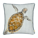 Salcombe Turtle Animal Velvet Cushion featuring a hand-painted sea turtle in brown and amber tones across a grey-blue and white striped ground, shown on a white background.