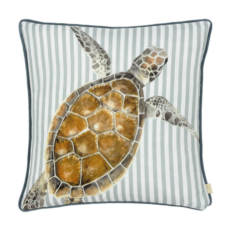 Salcombe Turtle Animal Velvet Cushion featuring a hand-painted sea turtle in brown and amber tones across a grey-blue and white striped ground, shown on a white background.