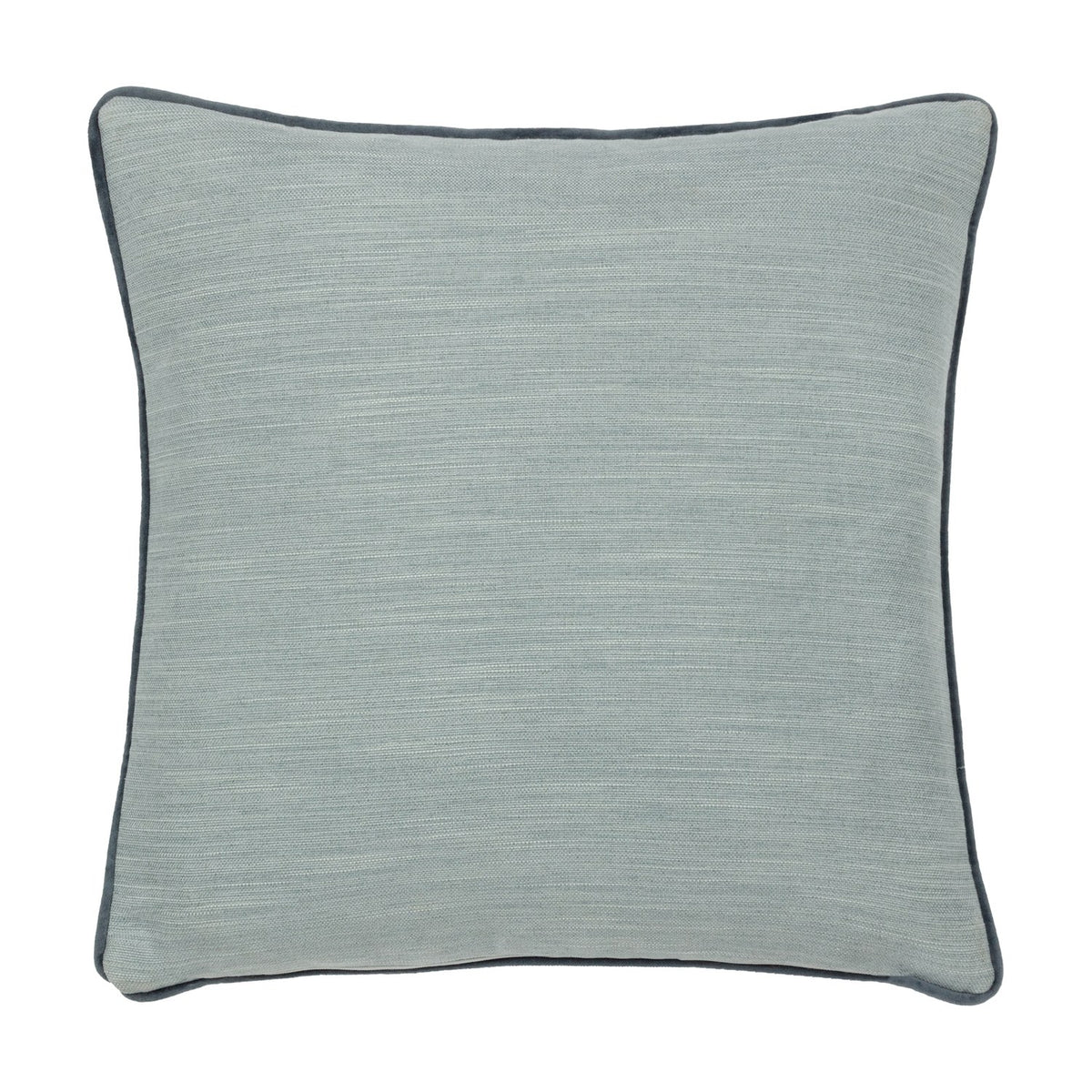 Salcombe Turtle velvet cushion shown reverse side, plain woven pale grey-green fabric with grey piped edge trim, photographed on a white background.