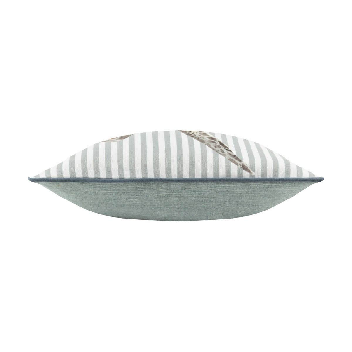 Side view of the Salcombe Turtle cushion showing grey-blue striped front piping and a plain sage green velvet back, on a white background.