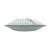 Side view of the Salcombe Turtle cushion showing grey-blue striped front piping and a plain sage green velvet back, on a white background.
