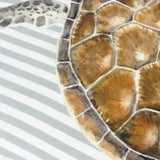 Close-up of Salcombe Turtle velvet cushion showing hand-painted sea turtle print with brown patterned shell on a grey-blue and white striped ground.