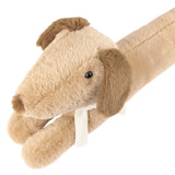 Samson Bow Faux Fur Draught Excluder in natural beige, close-up of the dog-shaped head with darker brown ears and muzzle, glass eyes, and a white bow tie at the neck, on a plain white background.