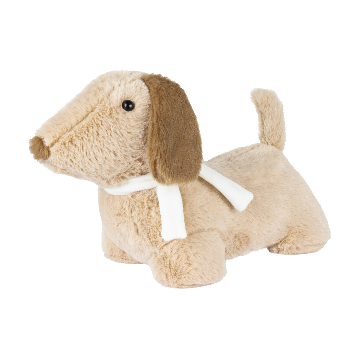 Samson Sand Filled Faux Fur Door Stop in Natural, shaped like a long-bodied dog with tan ears, a white neck scarf and black eyes, on a plain white background.