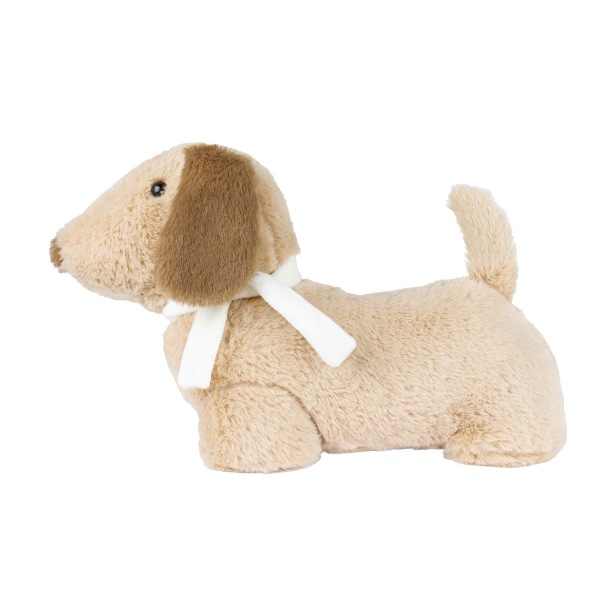 Samson Sand Filled Faux Fur Door Stop in Natural, shaped as a long-bodied dog with sandy beige fur, darker tan ears, a white neck scarf, and stitched muzzle, shown on a plain white background.