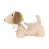 Samson Sand Filled Faux Fur Door Stop in Natural, shaped as a long-bodied dog with sandy beige fur, darker tan ears, a white neck scarf, and stitched muzzle, shown on a plain white background.