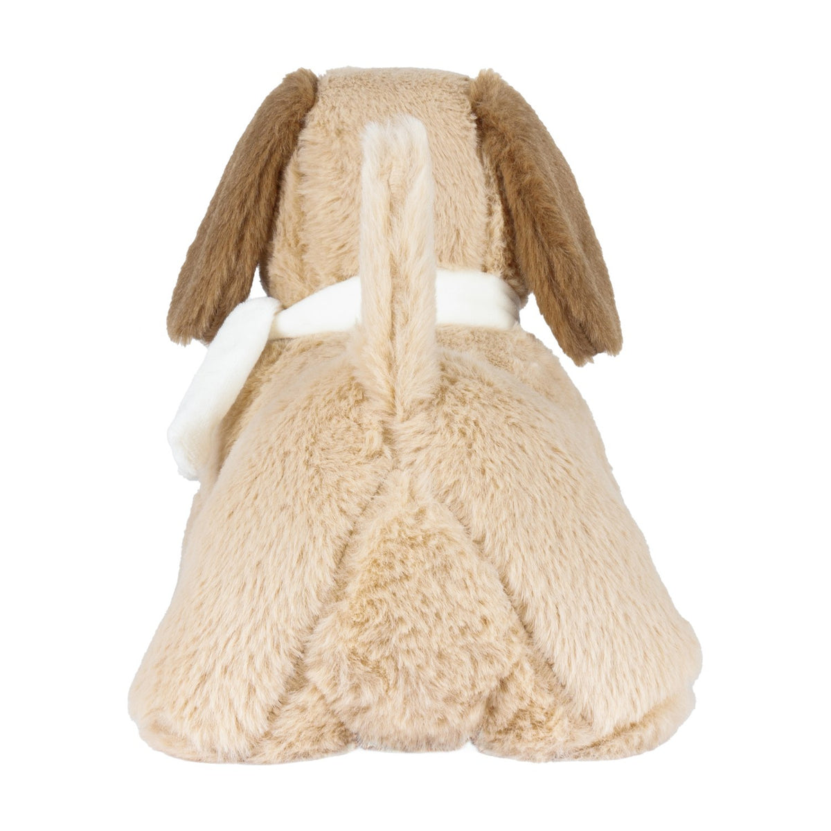 Samson Sand Filled Faux Fur Door Stop in Natural, rear view showing the dog-shaped design with tan ears, white neck scarf, and long fluffy tail, on a plain white background.