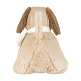 Samson Sand Filled Faux Fur Door Stop in Natural, rear view showing the dog-shaped design with tan ears, white neck scarf, and long fluffy tail, on a plain white background.