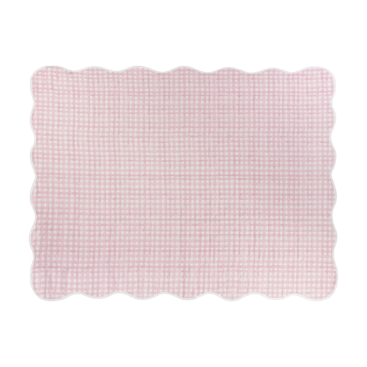 Scallop Plain Cotton Blend Bedspread in pink and white gingham check with white scalloped edge trim, shown flat on a plain white background.