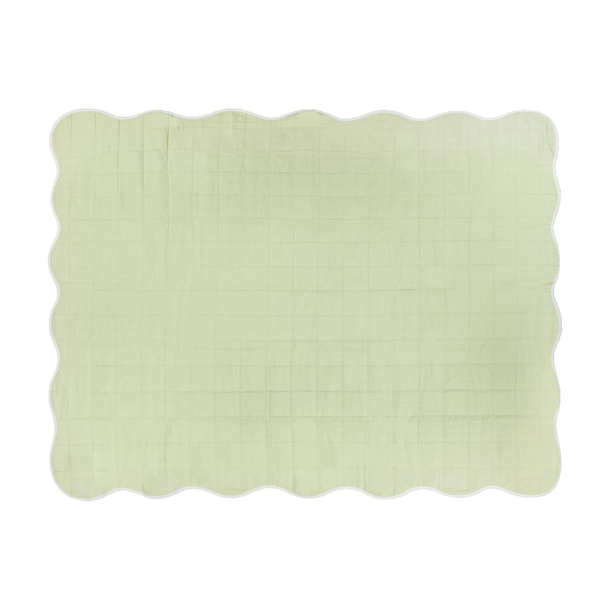 Sage green quilted bedspread with a scalloped edge and white piped trim, shown plain-sided on a white background.