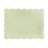 Sage green quilted bedspread with a scalloped edge and white piped trim, shown plain-sided on a white background.