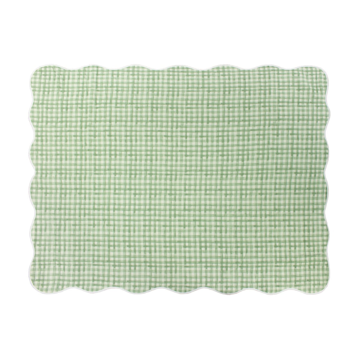 Scallop Plain Cotton Blend Bedspread in sage green gingham check with scalloped edge, shown flat on a plain white background.