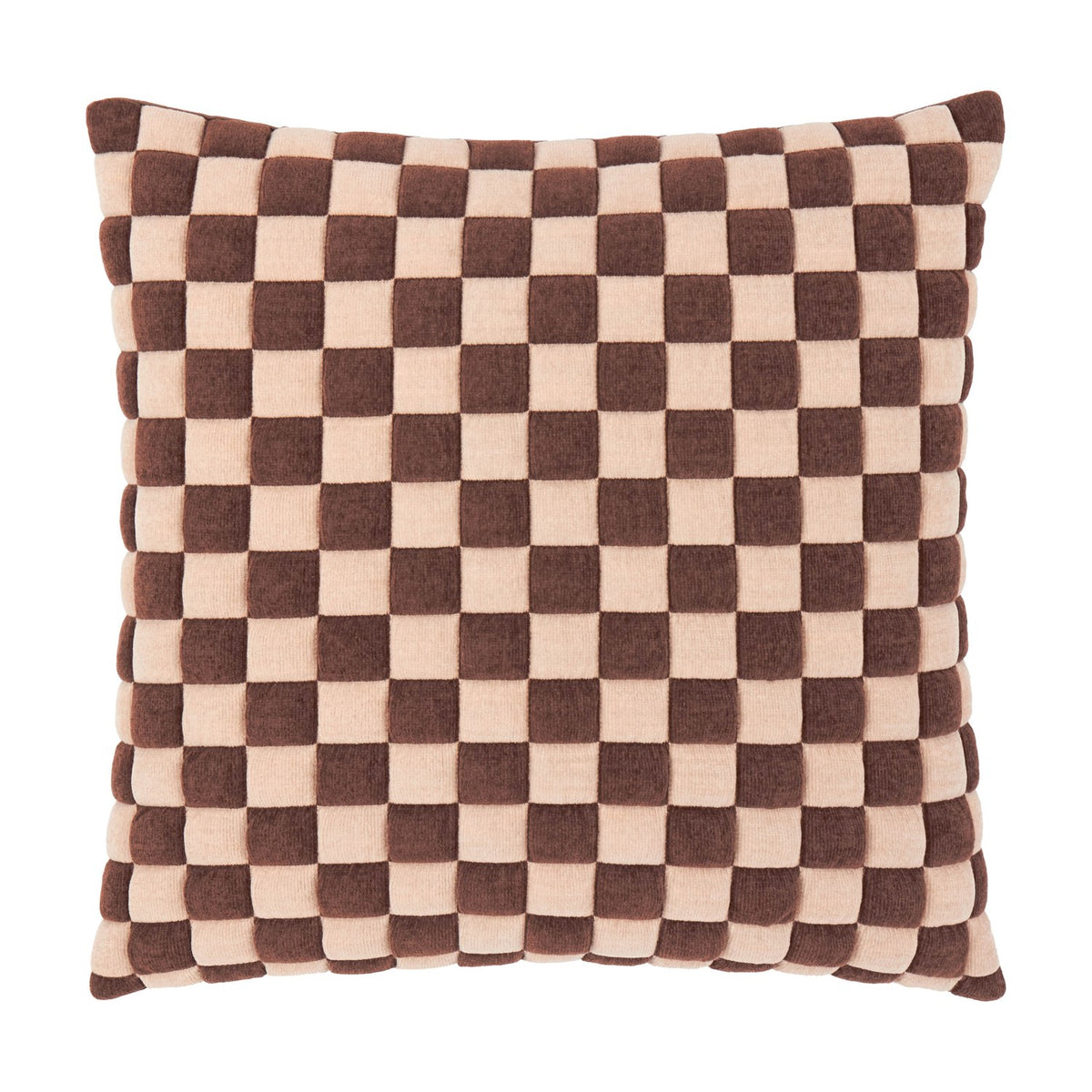 Square Softie Check cushion in chocolate brown and sand pink, featuring a quilted checkerboard pattern with individually padded, domed squares, shown on a white background.