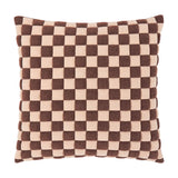 Square Softie Check cushion in chocolate brown and sand pink, featuring a quilted checkerboard pattern with individually padded, domed squares, shown on a white background.