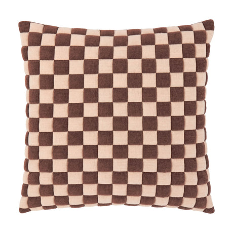 Square Softie Check cushion in chocolate brown and sand pink, featuring a quilted checkerboard pattern with individually padded, domed squares, shown on a white background.