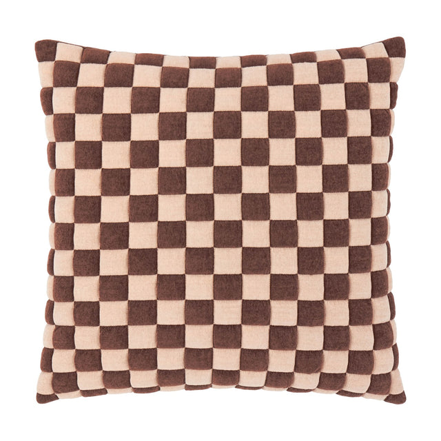 Square Softie Check cushion in chocolate brown and sand pink, featuring a quilted checkerboard pattern with individually padded, domed squares, shown on a white background.