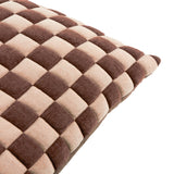 Close-up of the Softie Check Polyester Cushion in chocolate brown and sand pink, showing its quilted checkerboard pattern with individually padded squares, on a white background.