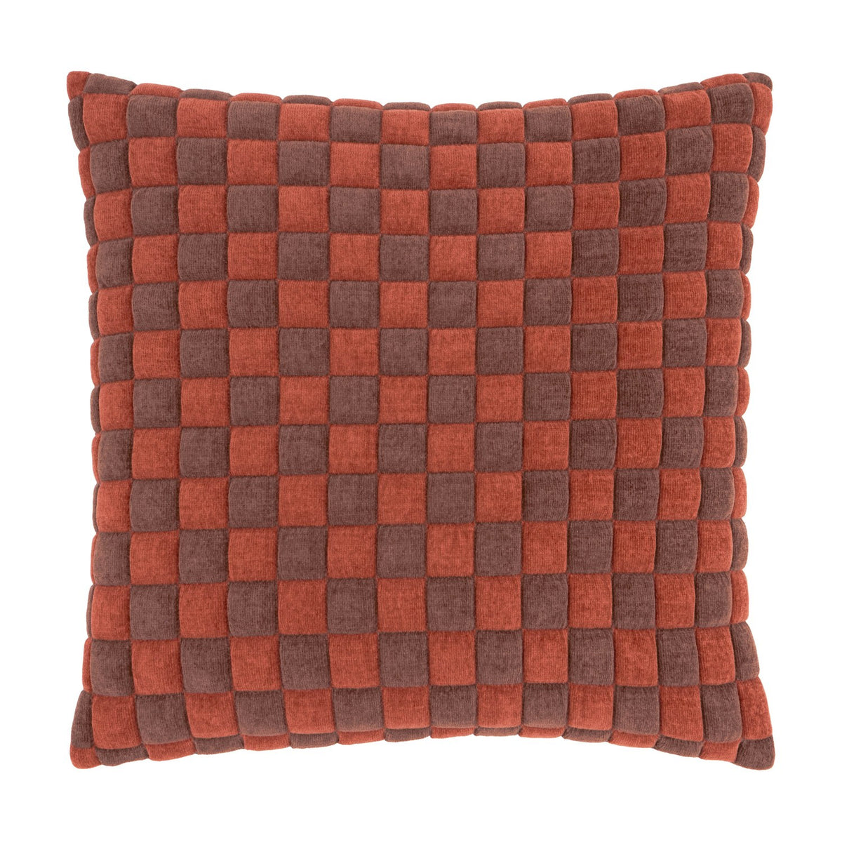 Softie Check square cushion in cinnamon and chocolate, quilted polyester fabric with a raised checkerboard pattern, shown on a plain white background.