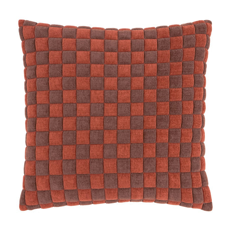 Softie Check square cushion in cinnamon and chocolate, quilted polyester fabric with a raised checkerboard pattern, shown on a plain white background.