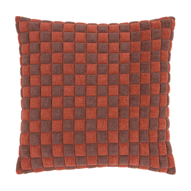 Softie Check square cushion in cinnamon and chocolate, quilted polyester fabric with a raised checkerboard pattern, shown on a plain white background.