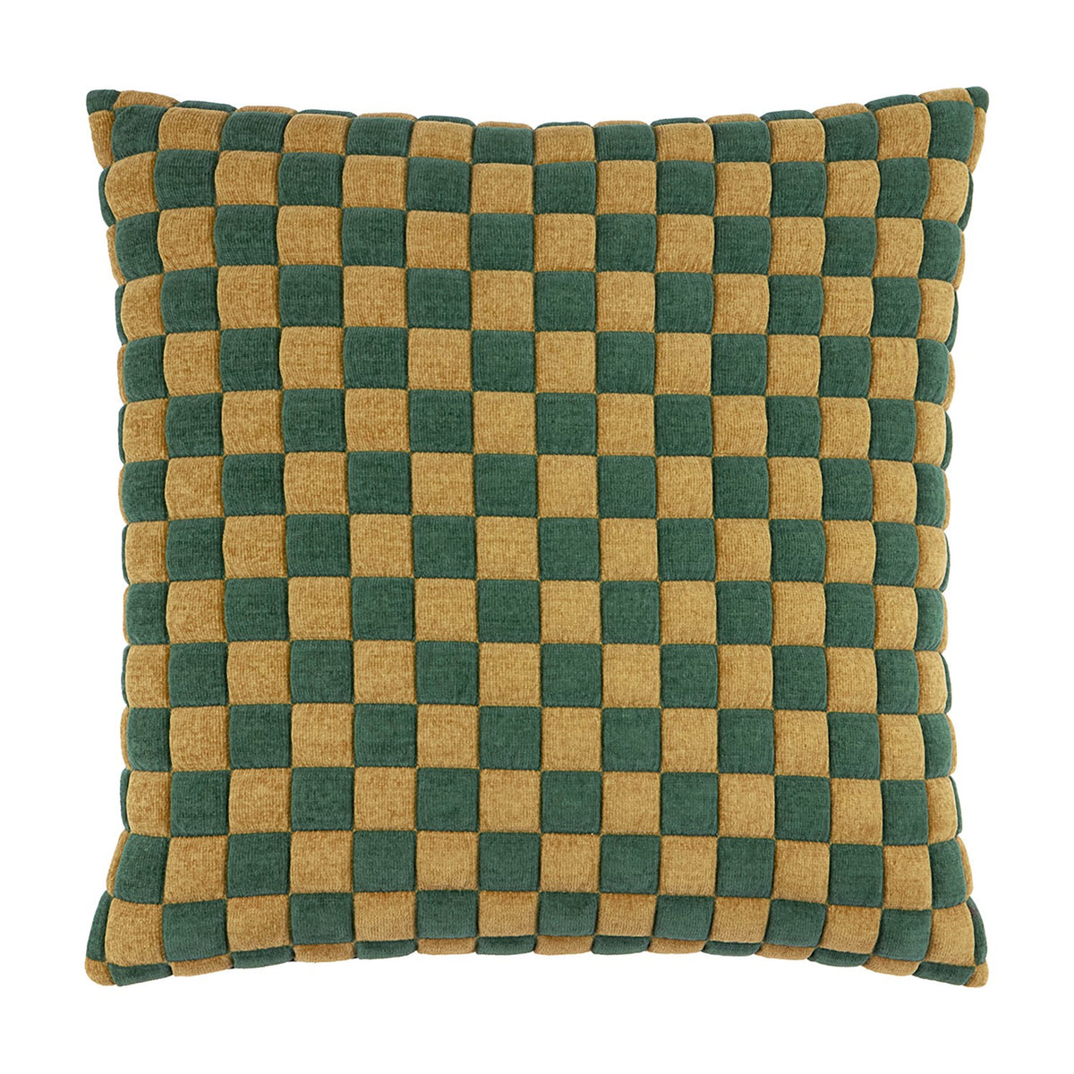 Softie Check square cushion in green and amber-gold, featuring a raised quilted checkerboard pattern in polyester fabric, shown on a plain white background.