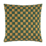 Softie Check square cushion in green and amber-gold, featuring a raised quilted checkerboard pattern in polyester fabric, shown on a plain white background.