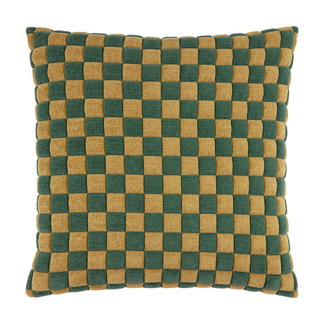 Softie Check square cushion in green and amber-gold, featuring a raised quilted checkerboard pattern in polyester fabric, shown on a plain white background.