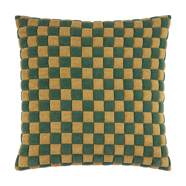 Softie Check square cushion in green and amber-gold, featuring a raised quilted checkerboard pattern in polyester fabric, shown on a plain white background.