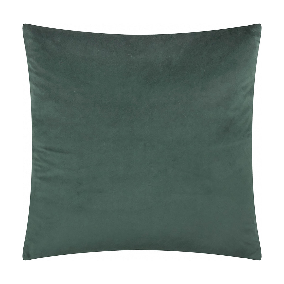 Softie Check square cushion in plain green velvet-look polyester fabric, shown reverse side on a plain white background.