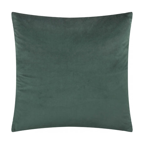 Softie Check square cushion in plain green velvet-look polyester fabric, shown reverse side on a plain white background.