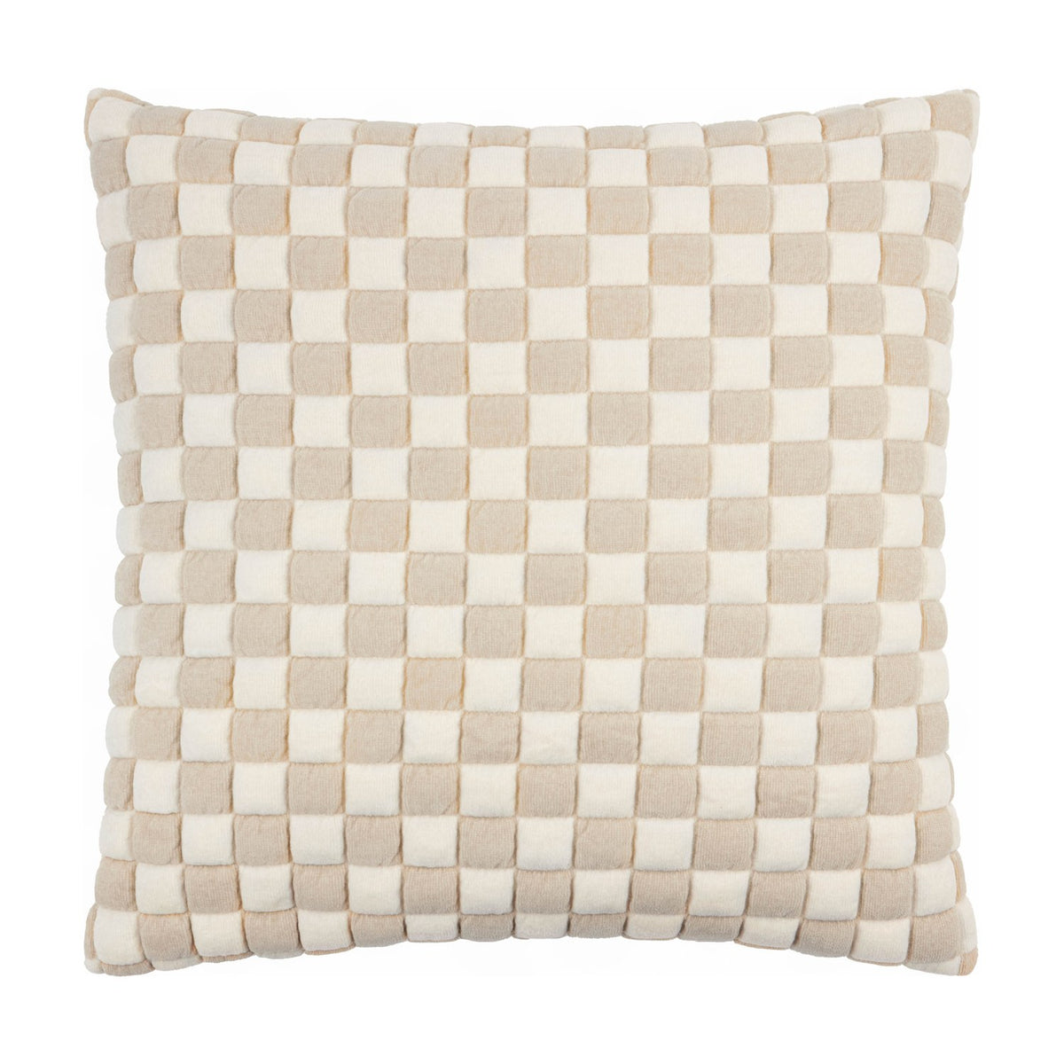 Softie Check square cushion in natural tones, featuring a padded checkerboard pattern of beige and ivory-cream squares, shown on a plain white background.