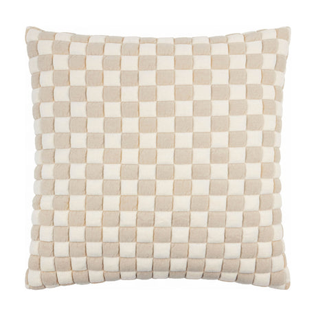 Softie Check square cushion in natural tones, featuring a padded checkerboard pattern of beige and ivory-cream squares, shown on a plain white background.