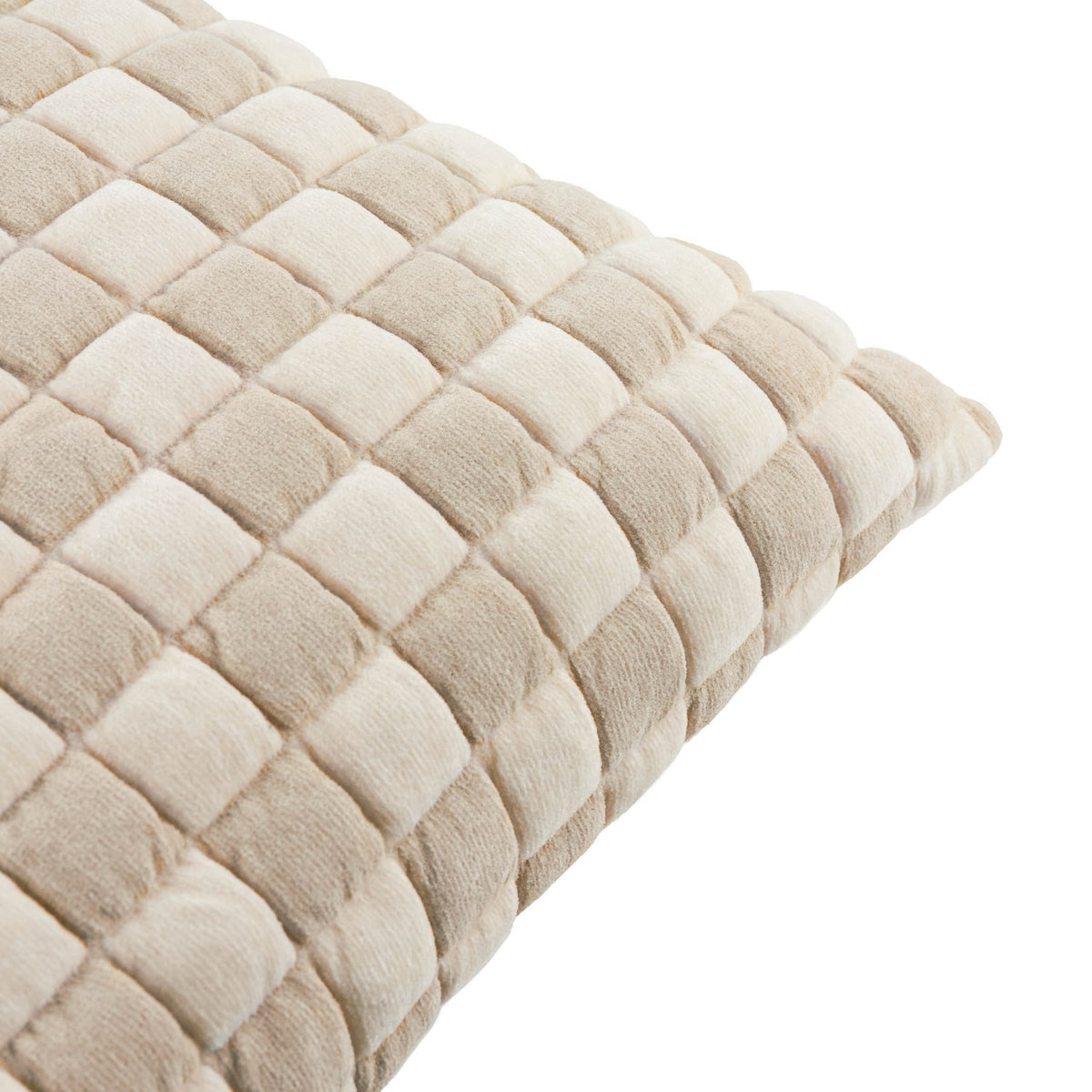 Close-up of the Softie Check cushion showing its raised quilted checkerboard face in alternating beige and ivory-cream tones, set against a plain white background.