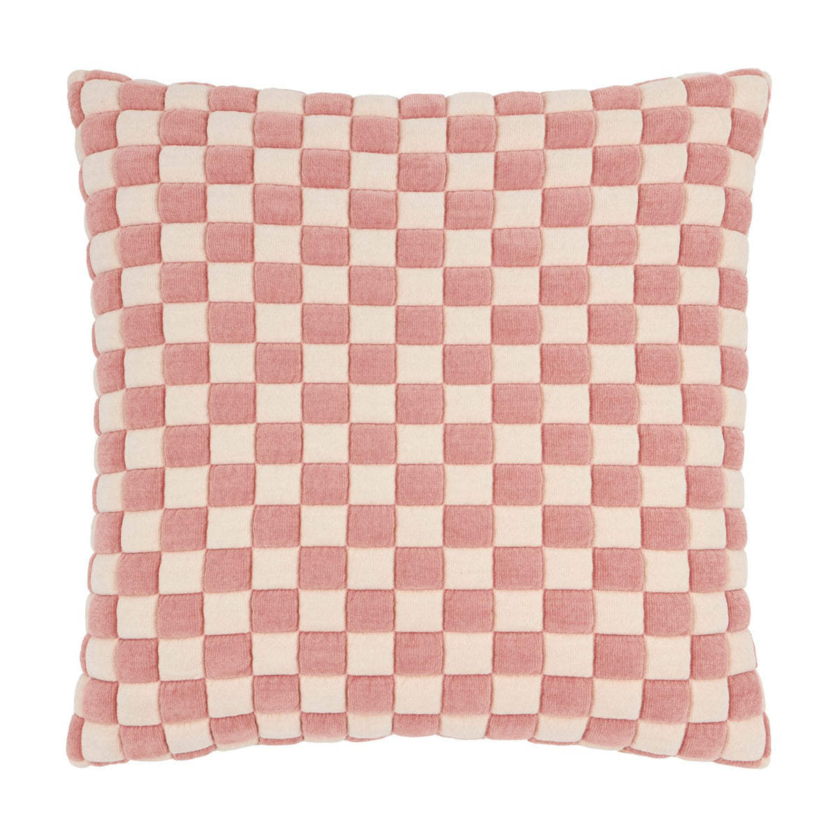 Softie Check square cushion in pink and cream, featuring a raised, quilted checkerboard pattern in soft polyester fabric, shown on a plain white background.