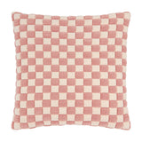 Softie Check square cushion in pink and cream, featuring a raised, quilted checkerboard pattern in soft polyester fabric, shown on a plain white background.