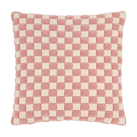Softie Check square cushion in pink and cream, featuring a raised, quilted checkerboard pattern in soft polyester fabric, shown on a plain white background.