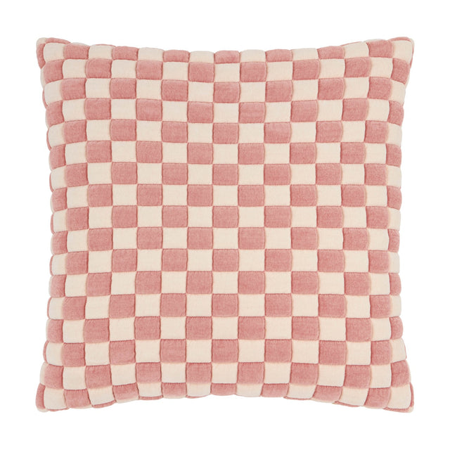 Softie Check square cushion in pink and cream, featuring a raised, quilted checkerboard pattern in soft polyester fabric, shown on a plain white background.