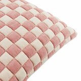Close-up of the Softie Check Polyester Cushion in pink, showing a quilted checkerboard pattern of raised pink and cream velvet blocks on a plain white background.