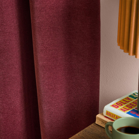 Soft Chenille Plain Lined Eyelet Curtains - Beetroot