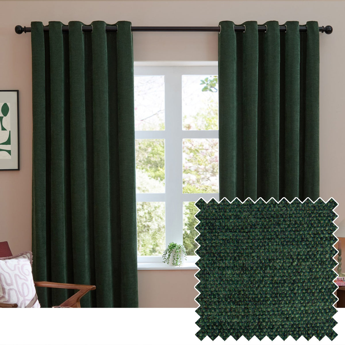 Soft Chenille Plain Lined Eyelet Curtains in bottle green, shown as full-length panels on a black eyelet pole in a living room, with a fabric swatch showing the woven texture.