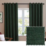 Soft Chenille Plain Lined Eyelet Curtains in bottle green, shown as full-length panels on a black eyelet pole in a living room, with a fabric swatch showing the woven texture.