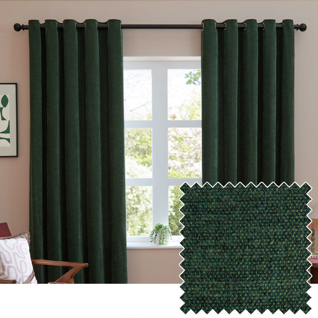 Soft Chenille Plain Lined Eyelet Curtains in bottle green, shown as full-length panels on a black eyelet pole in a living room, with a fabric swatch showing the woven texture.