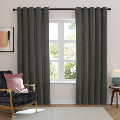 Soft Chenille Plain Lined Eyelet Curtains - Charcoal
